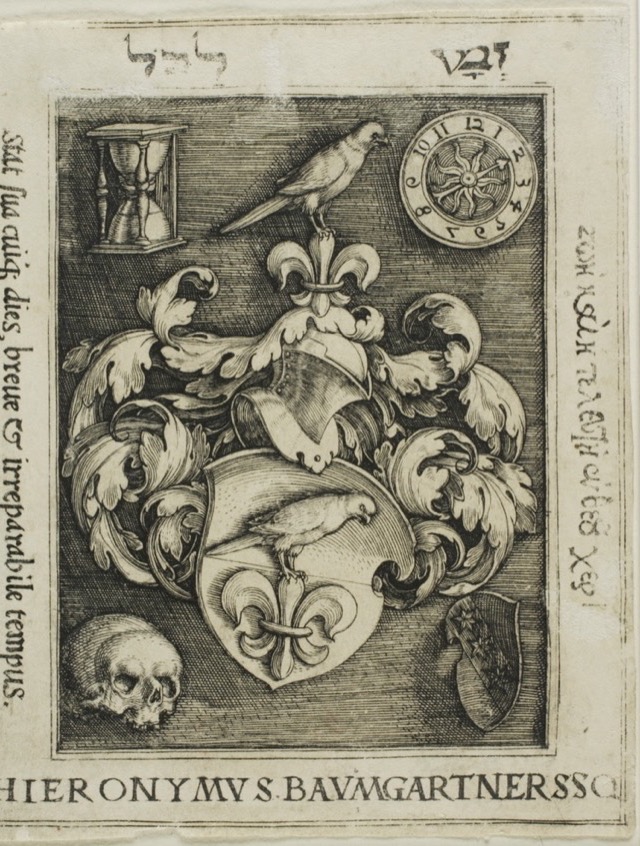 An engraved coat of arms with a skull, an hourglass, a clock and a parrot.