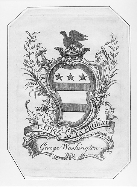 An engraved shield with stars and stripes, an eagle crest, and the name George Washington on a ribbon.