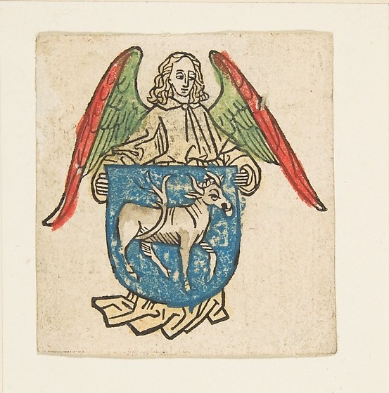 A hand-coloured woodcut: an angel with green and red wings holds a blue shield bearing an ox.