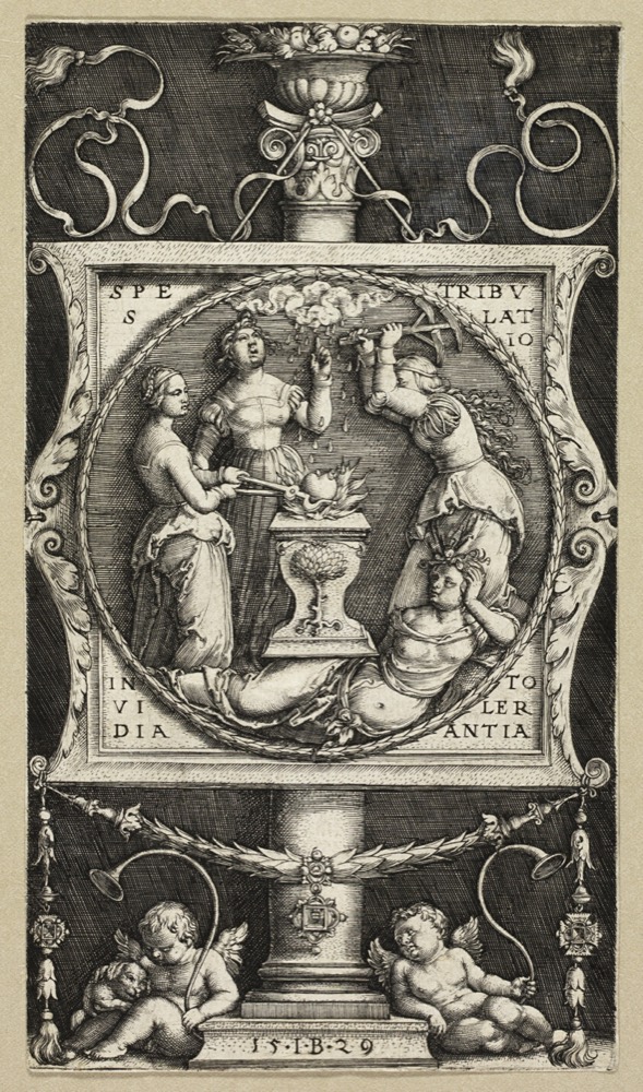 A dense engraving: a column, figures around an altar, and putti below.