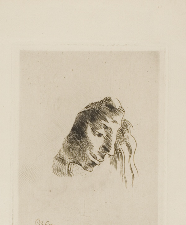 A soft lithograph of a woman's face, eyes lowered.