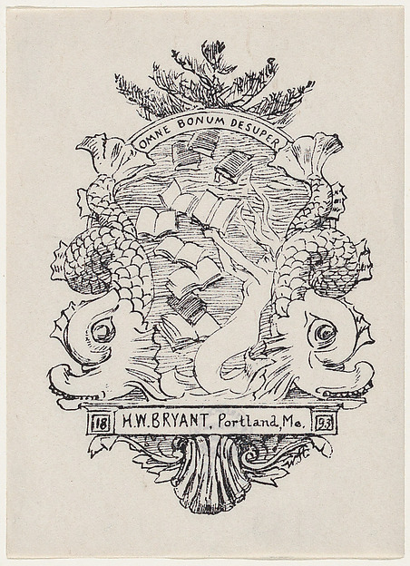 An etched plate of two sea creatures beneath an open book, signed H. W. Bryant, Portland, Me.
